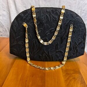 Vintage 50's/60's Crown Lewis Black Brocade Evening Clutch Gold‎ Chain Strap